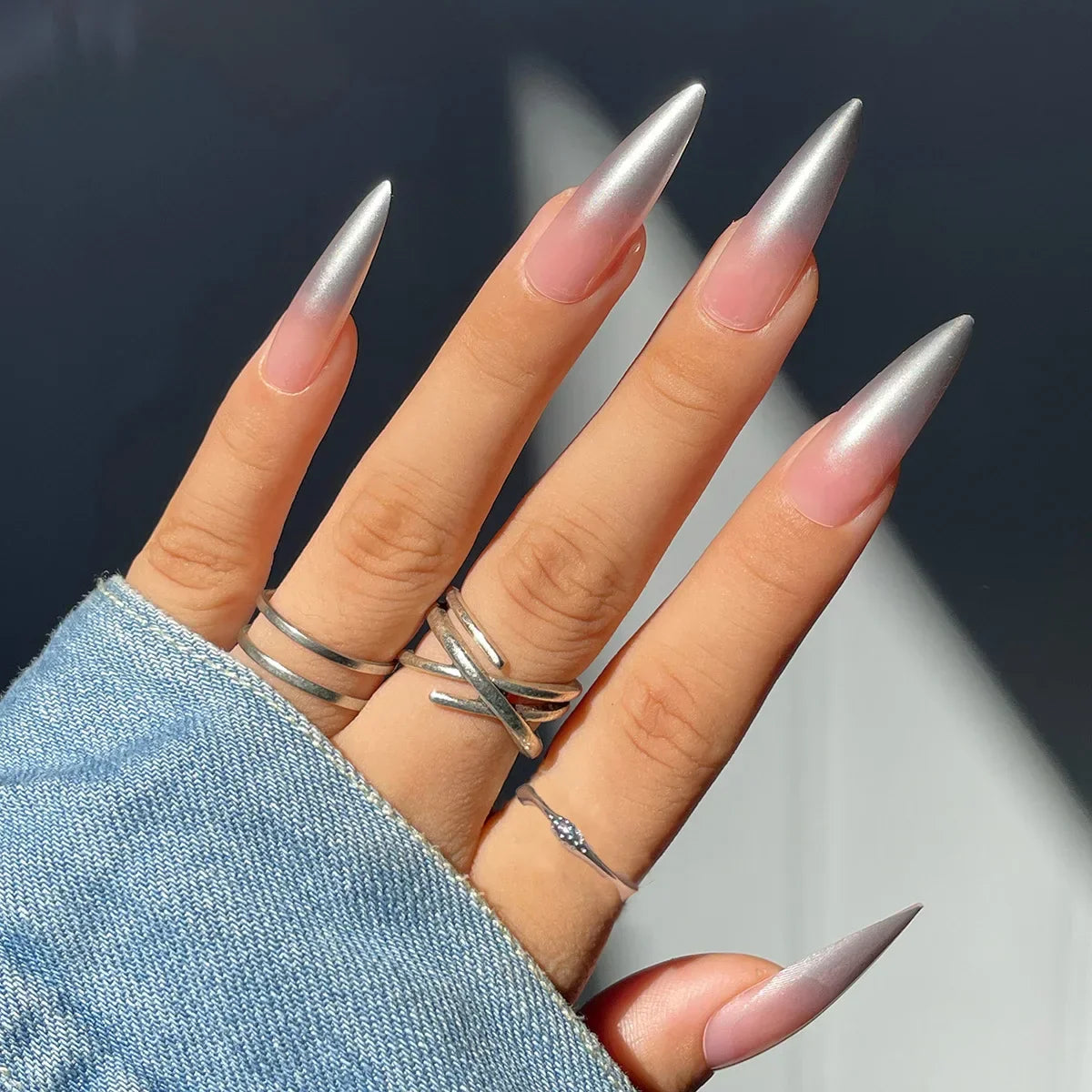24Pcs Extra Long Stiletto False Nails Pointy French Fake Nails Glitter Detachable Almond Press on Nails Full Cover Nail Tips - - DYAVOR®
