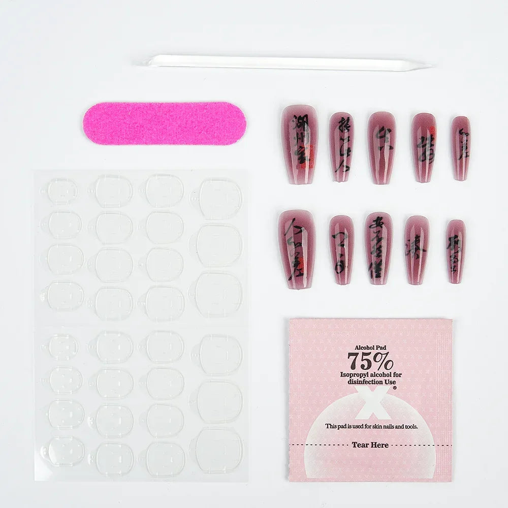 10PCS Handmade Finished Fake Nail Press on Bamboo Poetry Chinese False Nails with Glue Decorated Nails Art Stick on Nails -  - DYAVOR®