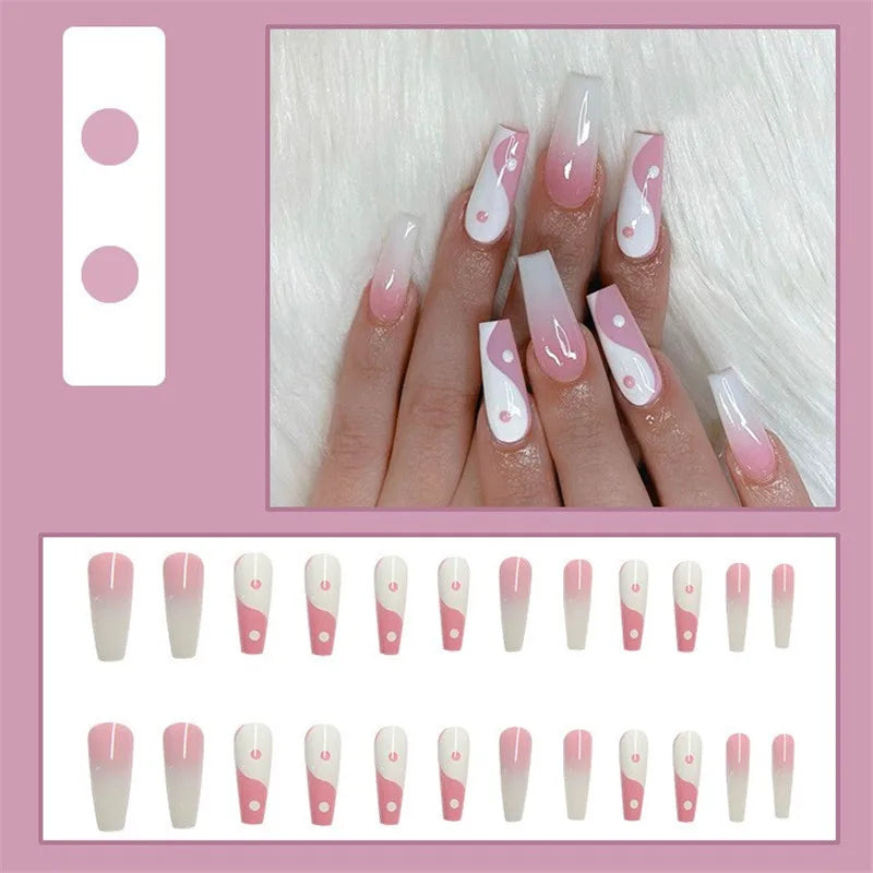 Coffin False Nails Black and White Spotted Cow Pattern Detachable French Ballerina Fake Nails Full Cover Press On Nails Tips - - DYAVOR®