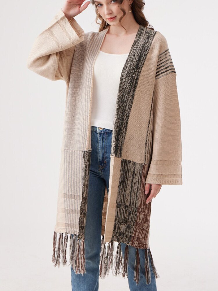 Cardigan for Women Autumn Winter Tassel Irregular Color Block Sweater Women Office Lady Knitted Cardigan Top Woman Clothing 2023 - - DYAVOR®