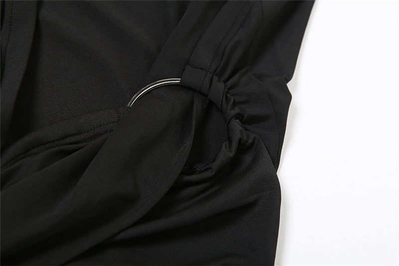 Draped Black Maxi Dress with Asymmetrical Neckline - - DYAVOR®