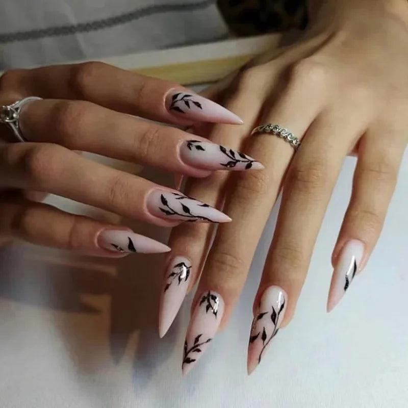 24Pcs Extra Long Stiletto False Nails Pointy French Fake Nails Glitter Detachable Almond Press on Nails Full Cover Nail Tips - - DYAVOR®