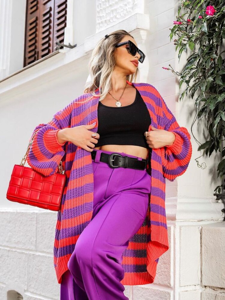 Autumn Winter New Striped Knitted Cardigan Women Loose Contrast Sweater Jacket Holiday Casual Wear Cardigan Oversized Cardigan - - DYAVOR®