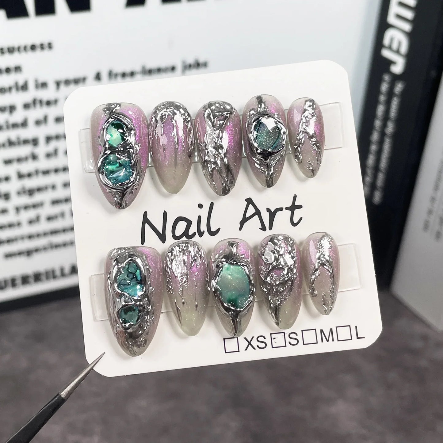10pcs Aurora cat eyes blue almond coffin false nails with glue detachable handmade y2k hot girls designs artificial nails tips - - DYAVOR®