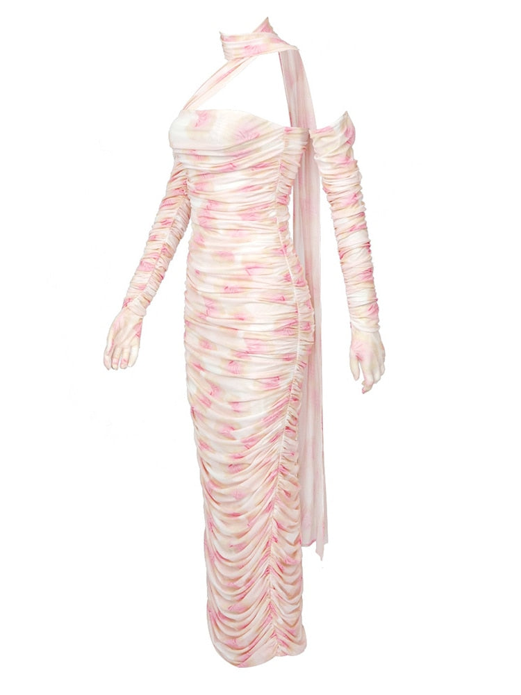 Draped Floral Maxi Dress with Gloves - - DYAVOR®