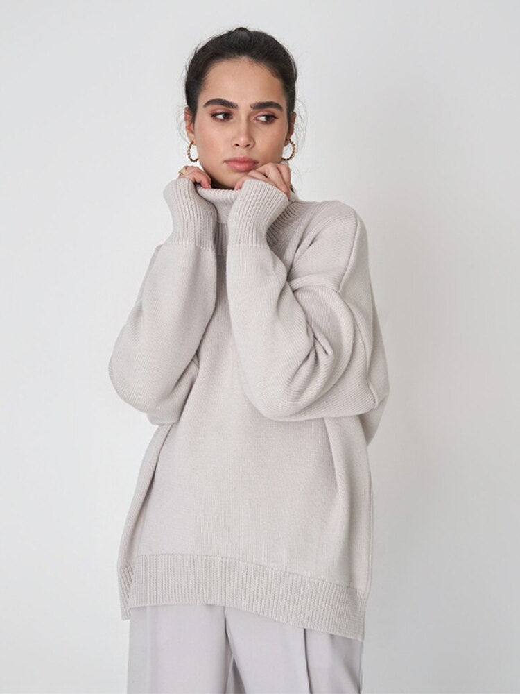 Solid Color High Neck Sweater Autumn Winter Loose Knit Pullover Women's Long Sleeve Top Versatile Classic Winter Clothes Women - - DYAVOR®