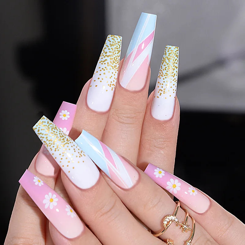 Coffin False Nails Black and White Spotted Cow Pattern Detachable French Ballerina Fake Nails Full Cover Press On Nails Tips - - DYAVOR®