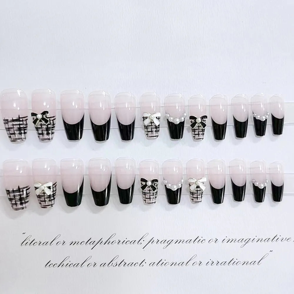Autumn French False Nails with Butterfly Pearl Decor Bride Fake Nail Wearable Press on Nails Coffin Ballet Nail Tips for Girls - - DYAVOR®
