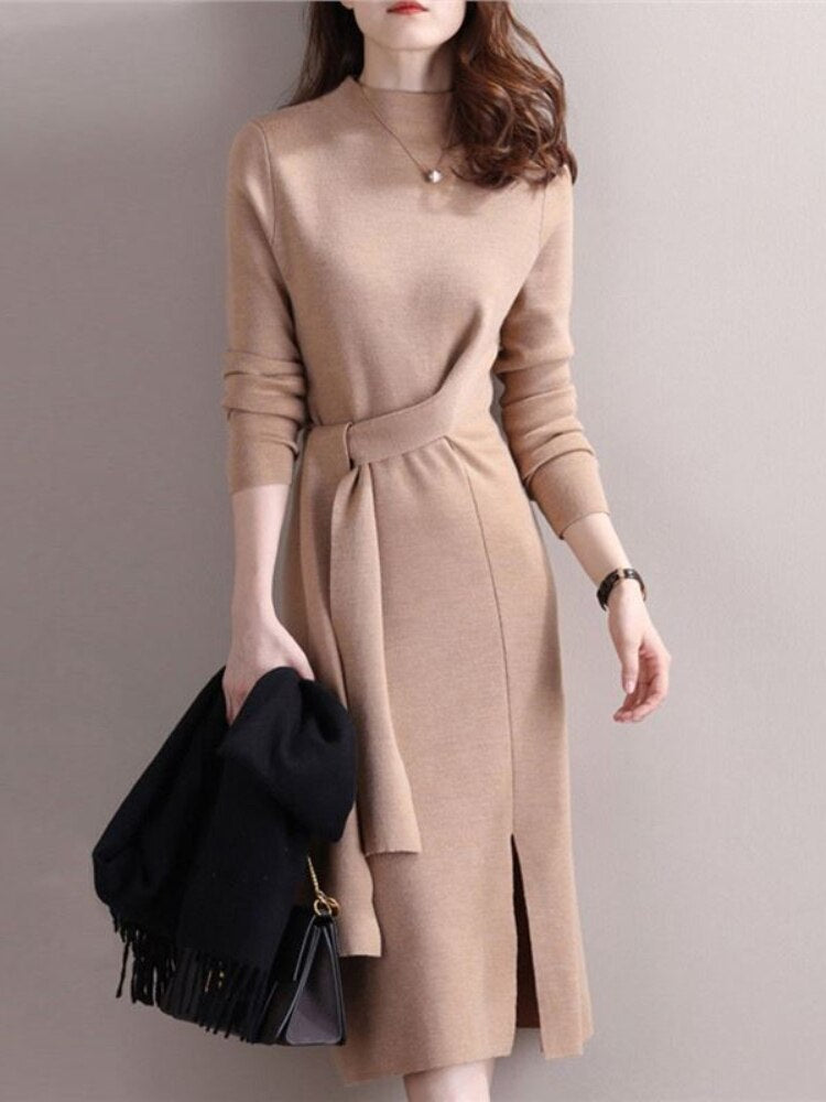 Half-necked Knitted Dress Women's Autumn Winter New Strap Temperament Split Base Sweater Skirt Dress for Women Sweaters Pullover - - DYAVOR®