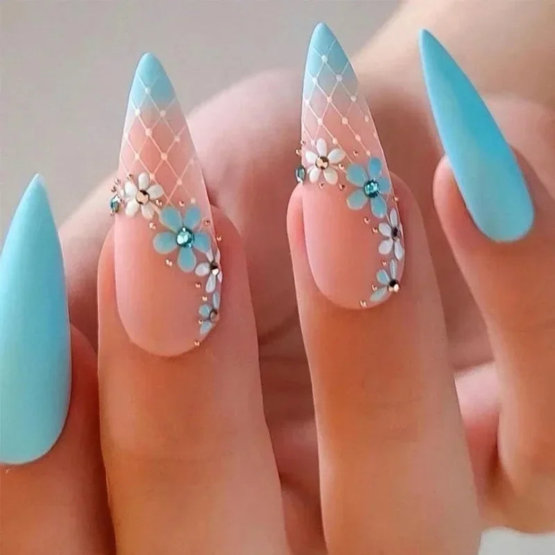 24Pcs Frosting False Nail almond with Golden Glitter Designs French Rhinestone Manicure Stiletto Fake Nails Set Press on Nails - - DYAVOR®