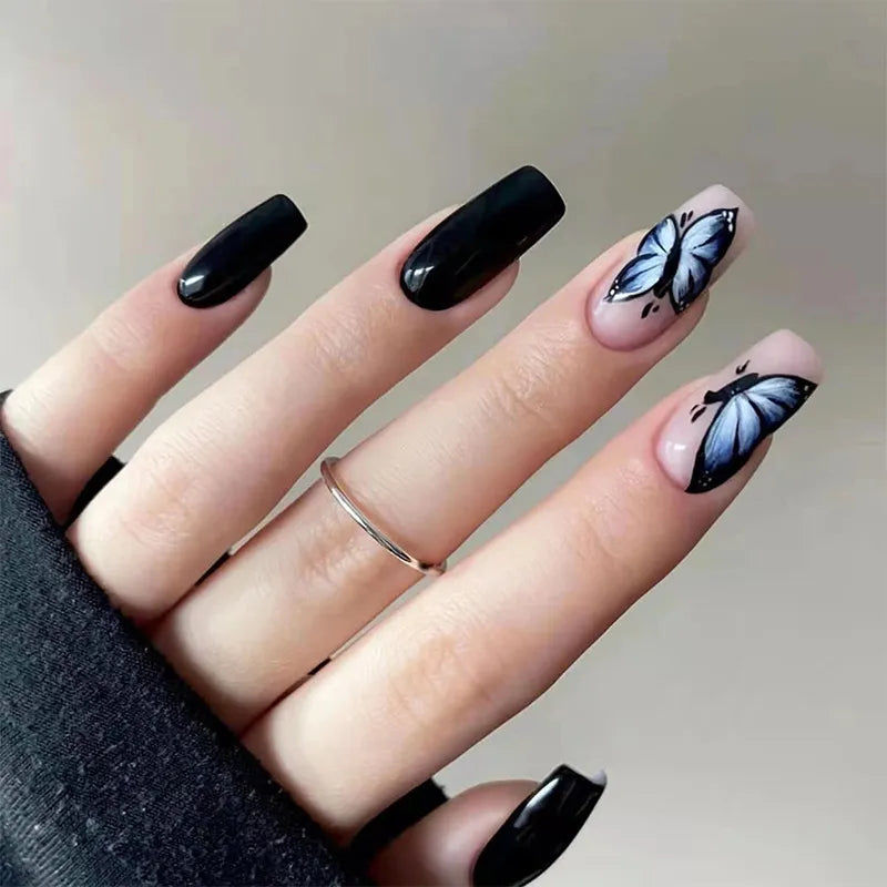 Press on Nails Black Butterfly French Fake Nails Rhinestone False Nail Patch Short Ballet Full Cover Artificial Art Nail Tip - - DYAVOR®