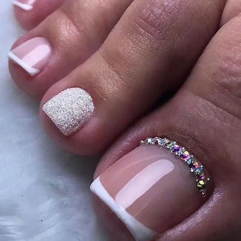 24pcs Simple French toe nails tips glitter diamond design press on toenails short full cover artificial fake foot nail with glue - - DYAVOR®
