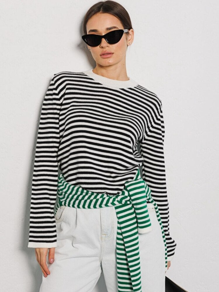 Striped Women's Sweater New Fashion Thread Contrast Round Neck Knit Pullover Office Lady Loose Knitwears Womens Clothing Tops - - DYAVOR®