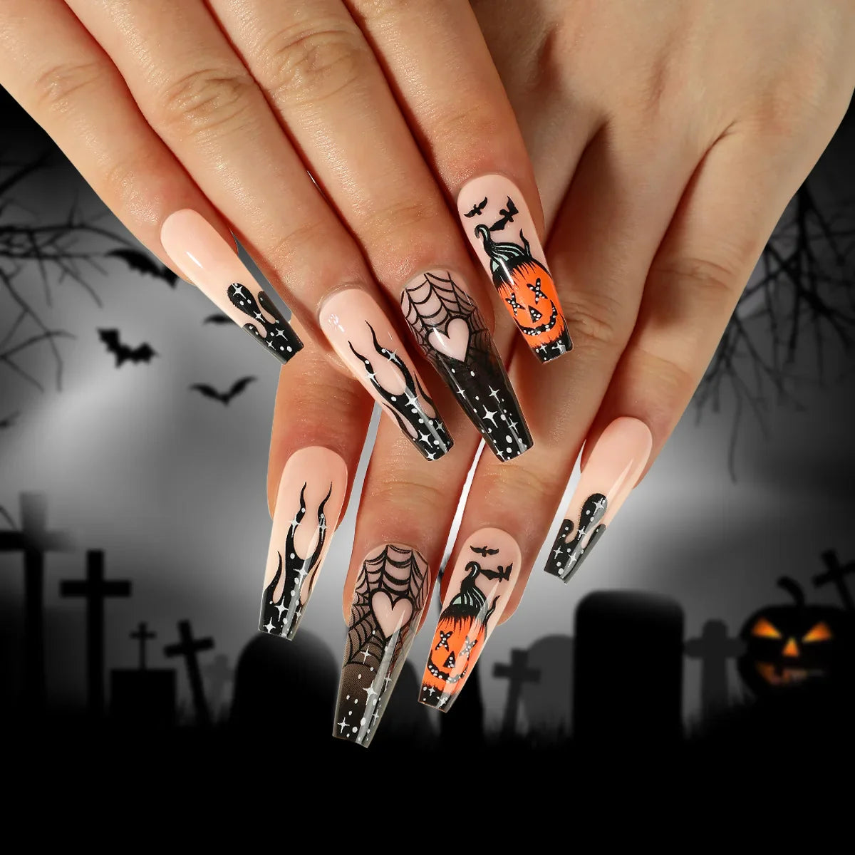24Pcs Long Coffin False Nails Glitter Fake Nail with Rhinestones Press on Nails Full Cover Nail Tips Detachable Fake Fingernails