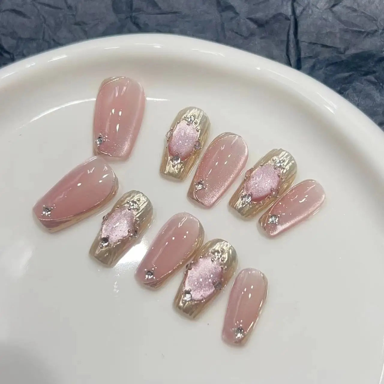 10pcs Cat Eyes Magic Mirror Pink Press On Nails Short Ballet Removeable Manicure Full Cover Long False Nail With Glue Fake Nail - - DYAVOR®