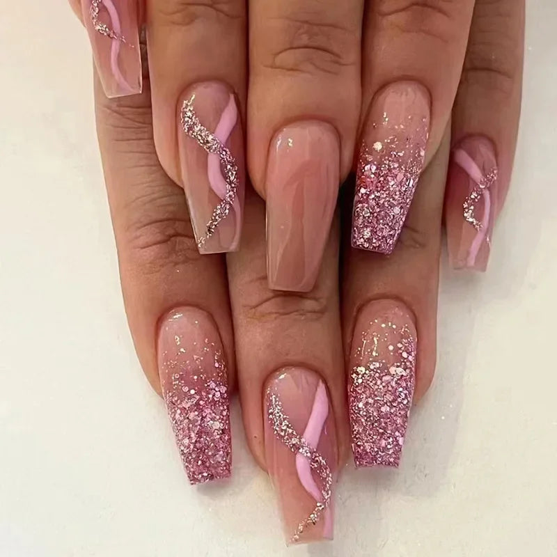 24pcs removeable false nails with glue Gradient Shinny brown coffin glitter Ballet press on nails long full cover fake nails tip