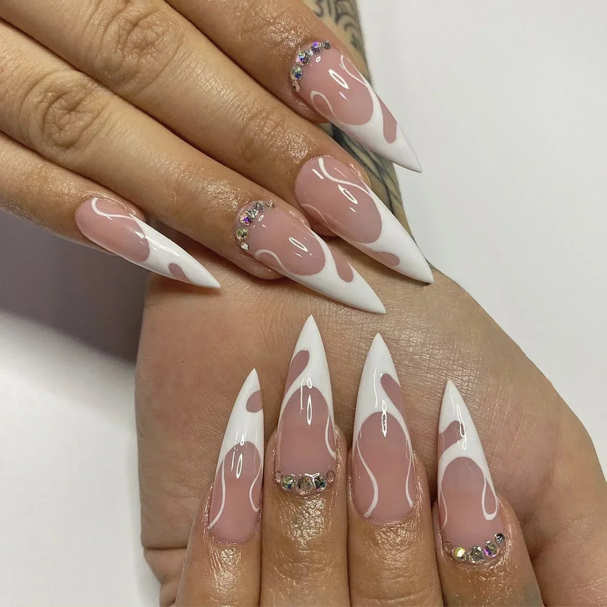24Pcs Frosting False Nail almond with Golden Glitter Designs French Rhinestone Manicure Stiletto Fake Nails Set Press on Nails - - DYAVOR®