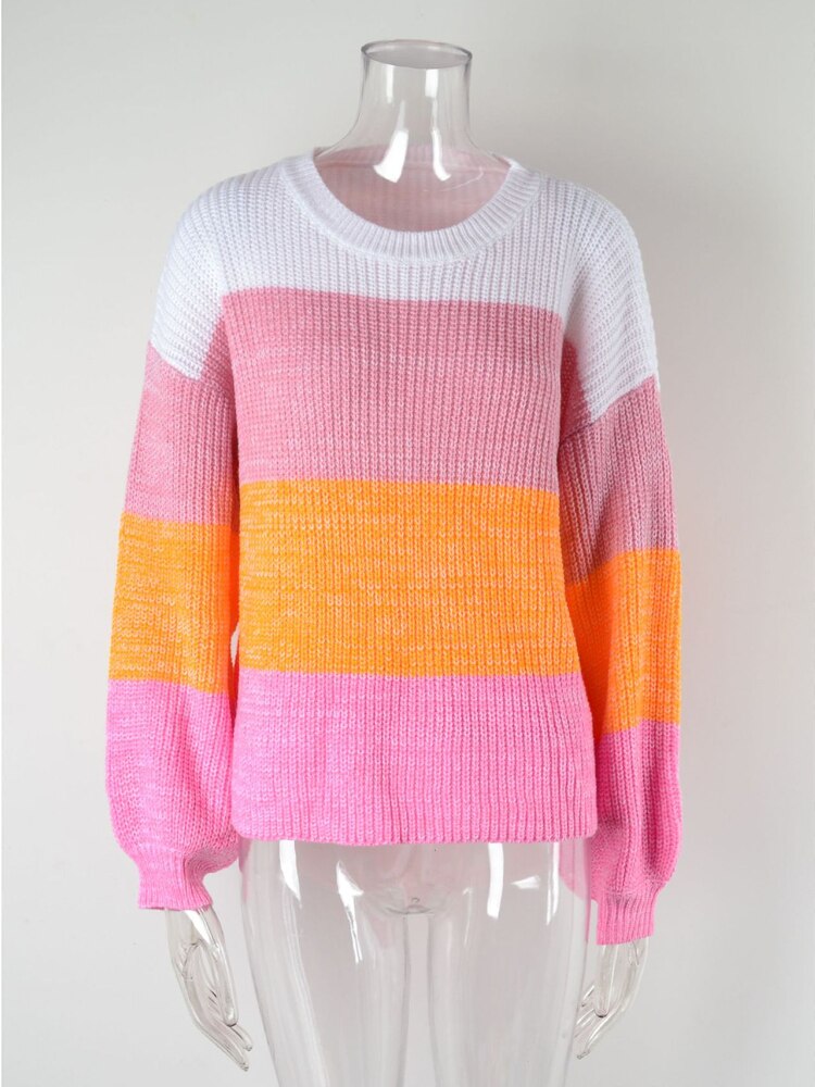 Fashion Woman Blouse 2023 Patchwork Contrast Loose Sweater Pullover Stylish Casual Crewneck Knitted Jumper Streetwear Knitwear - - DYAVOR®