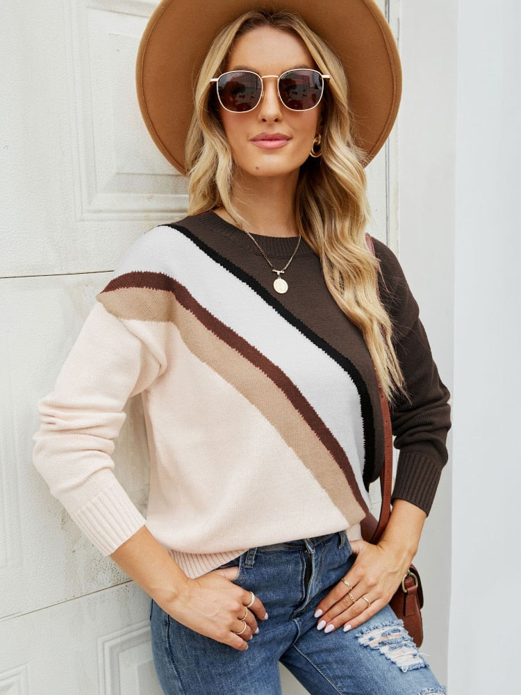 New Autumn Winter 2022 Women's Diagonal Stripe Casual Knit Pullover Round Neck Fashion Women's Long Sleeve Pullover Sweater Tops - - DYAVOR®