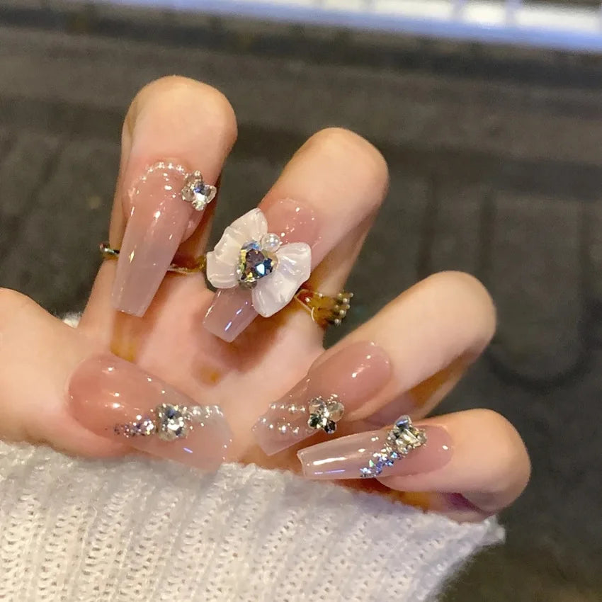 Autumn French False Nails with Butterfly Pearl Decor Bride Fake Nail Wearable Press on Nails Coffin Ballet Nail Tips for Girls - - DYAVOR®