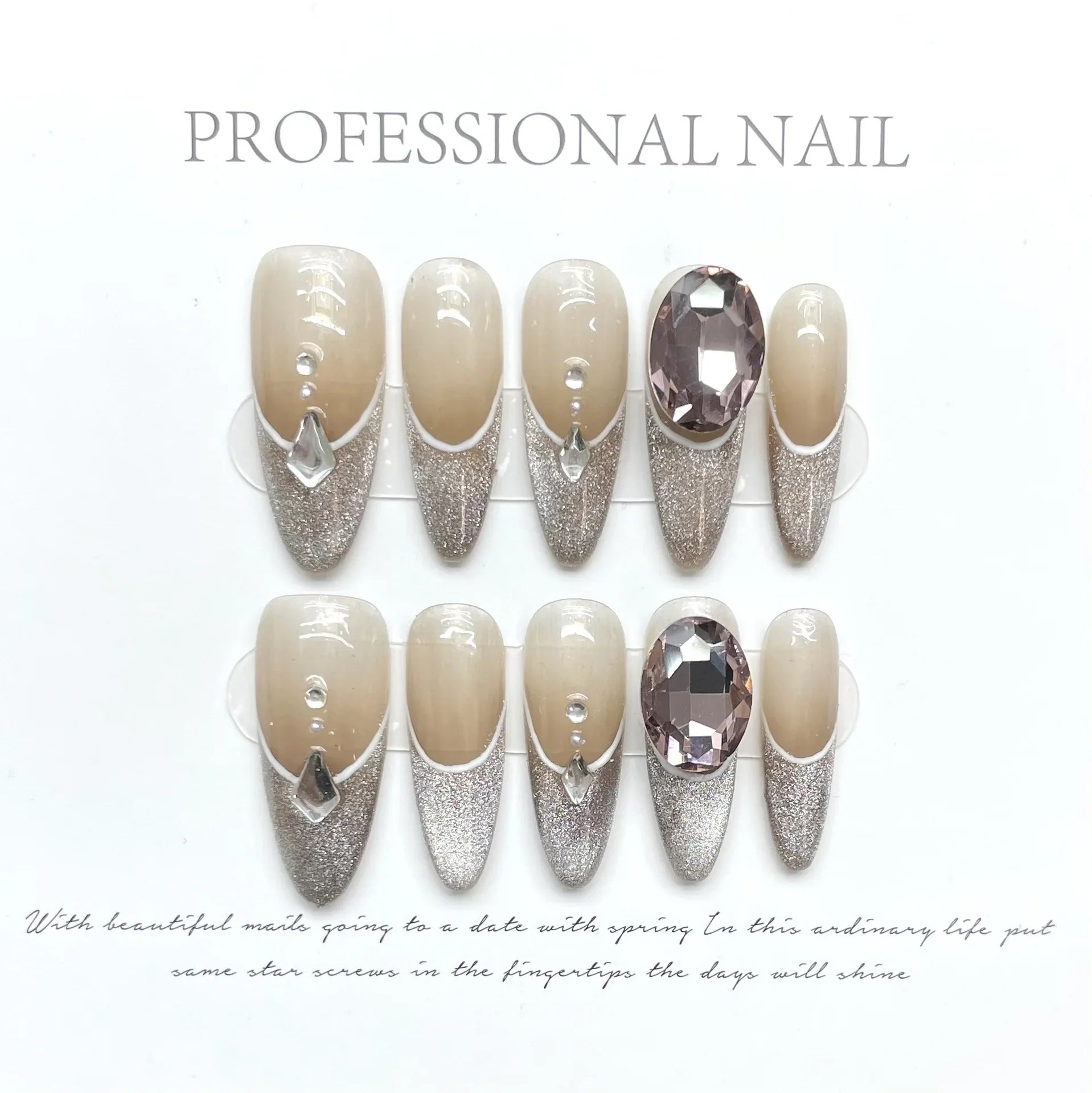 10pcs almond cat eyes handmade short press on nails full cover ballet stick on nails w designs diamond white acrylic nails tips -  - DYAVOR®