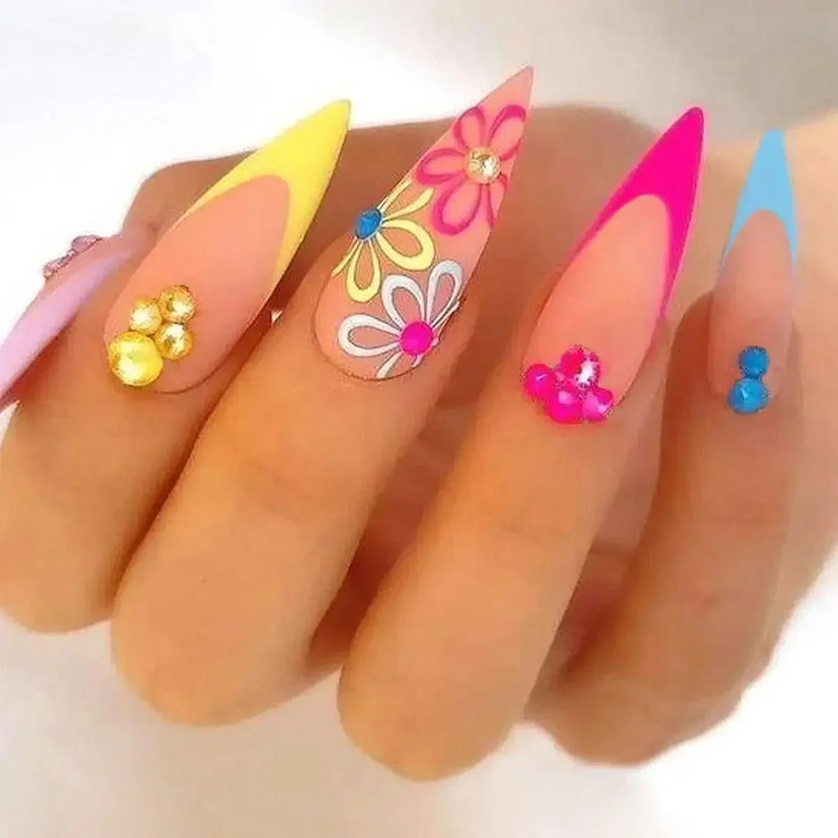 24Pcs Frosting False Nail almond with Golden Glitter Designs French Rhinestone Manicure Stiletto Fake Nails Set Press on Nails - - DYAVOR®
