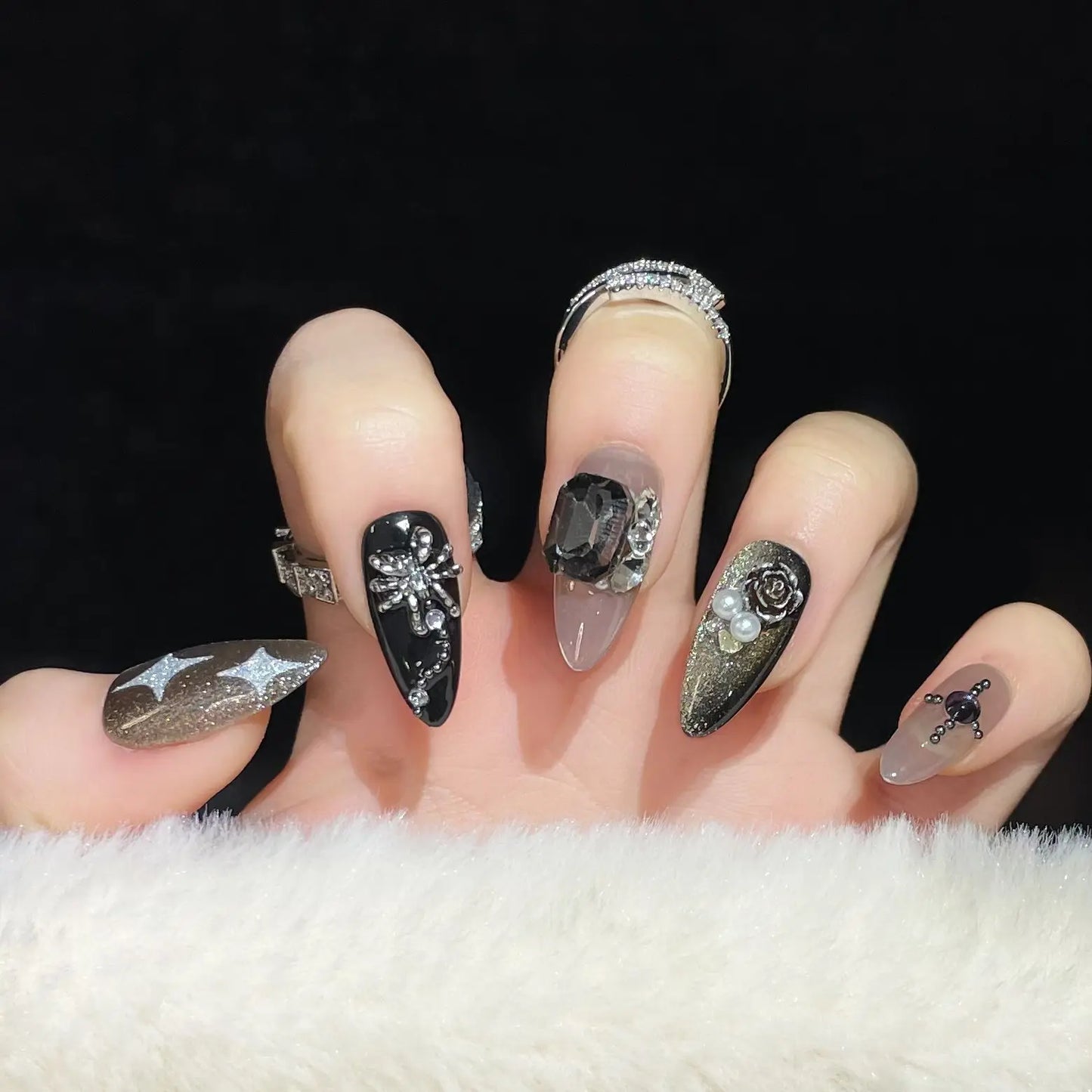 10pcs almond cat eyes handmade short press on nails full cover ballet stick on nails w designs diamond white acrylic nails tips - - DYAVOR®