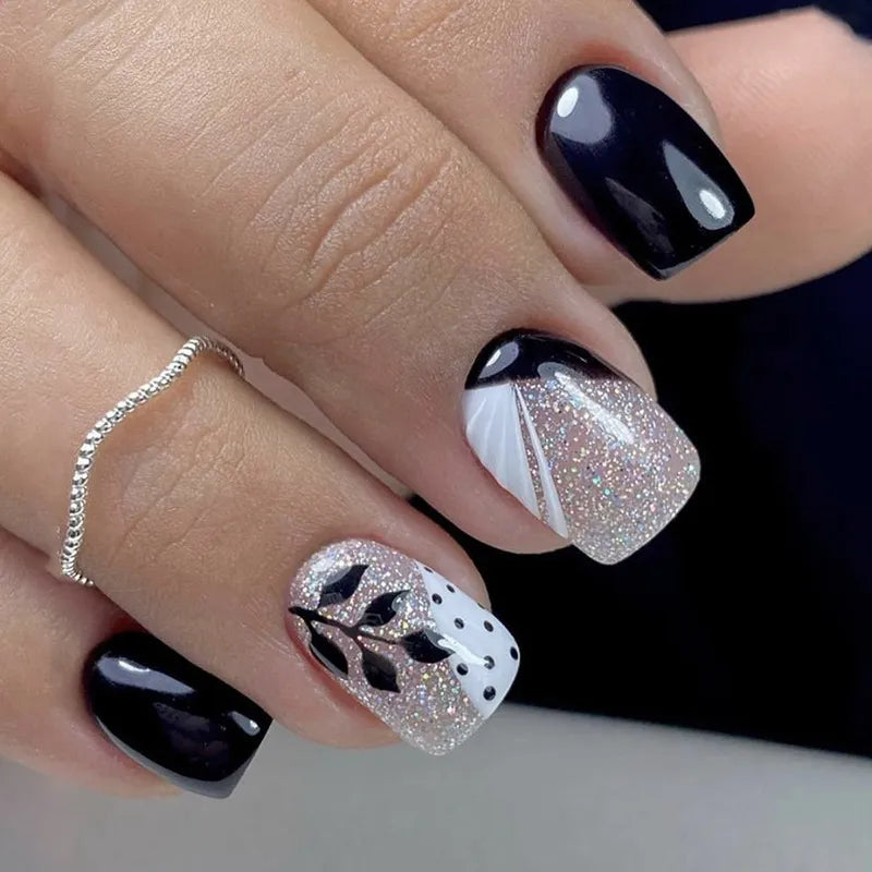 Press on Nails Black Butterfly French Fake Nails Rhinestone False Nail Patch Short Ballet Full Cover Artificial Art Nail Tip - - DYAVOR®
