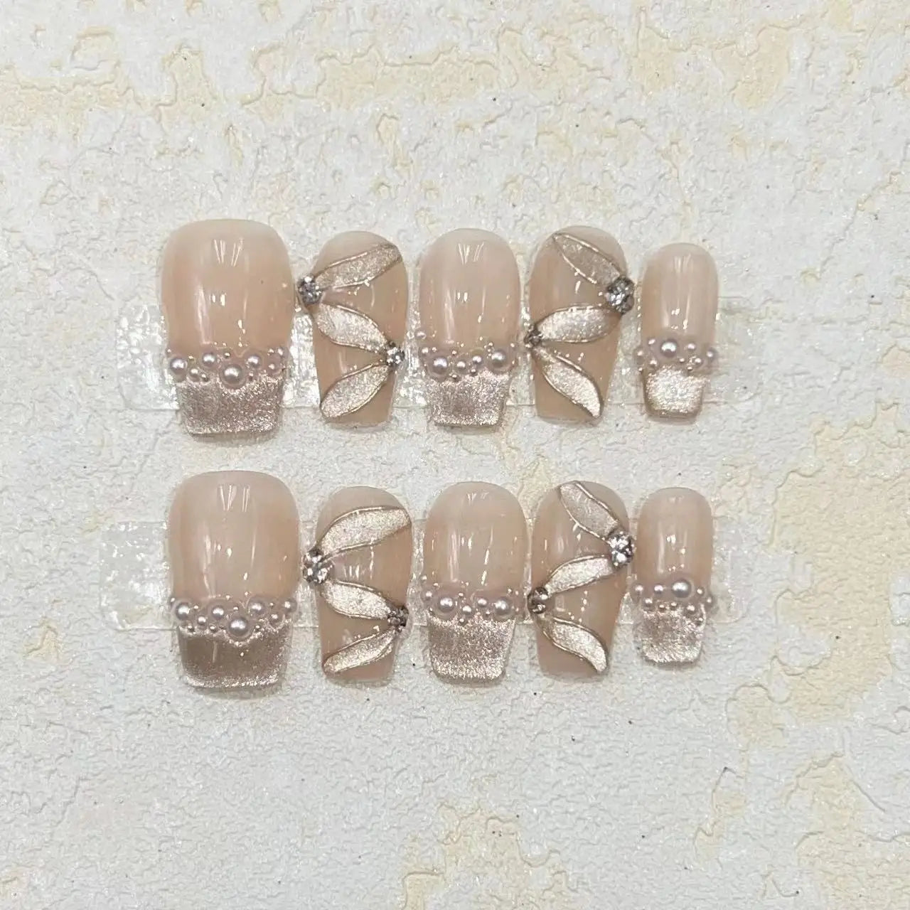10pcs Nude Cat Eye Handmade False Nails Short French Ballet Ribbon Pearl Design Fake Nail Full Cover Press On Acrylic Nail Tips - - DYAVOR®