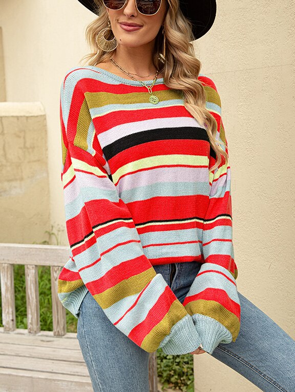 2022 Autumn Winter New Women's Striped Pullover Round Neck Loose Knit Sweater Casual Street Oversized Sweater Women Sweaters Top - - DYAVOR®