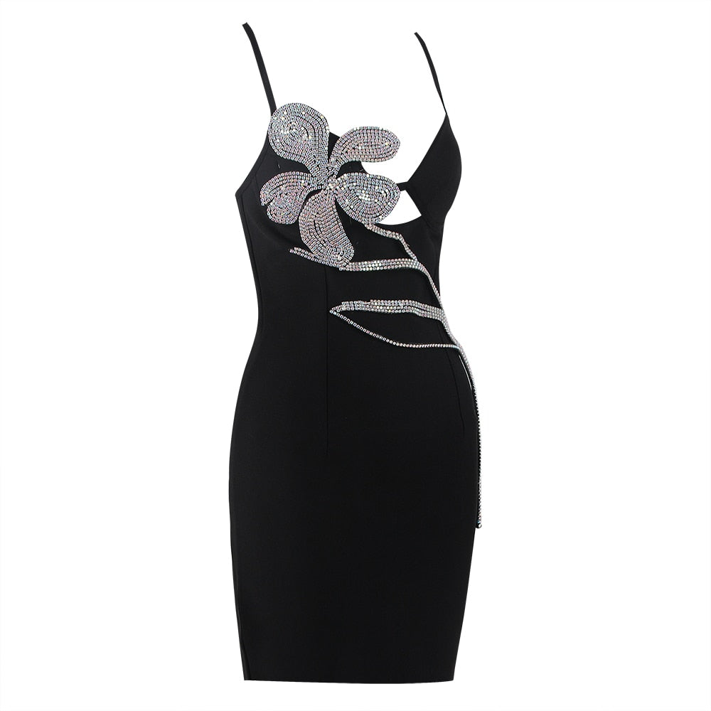 Black Mini Dress with Rhinestone Flower - - DYAVOR®