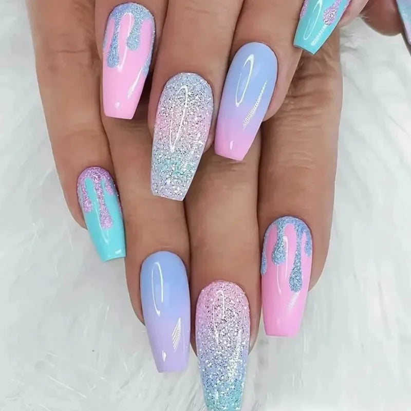 24pcs removeable false nails with glue Gradient Shinny brown coffin glitter Ballet press on nails long full cover fake nails tip - - DYAVOR®