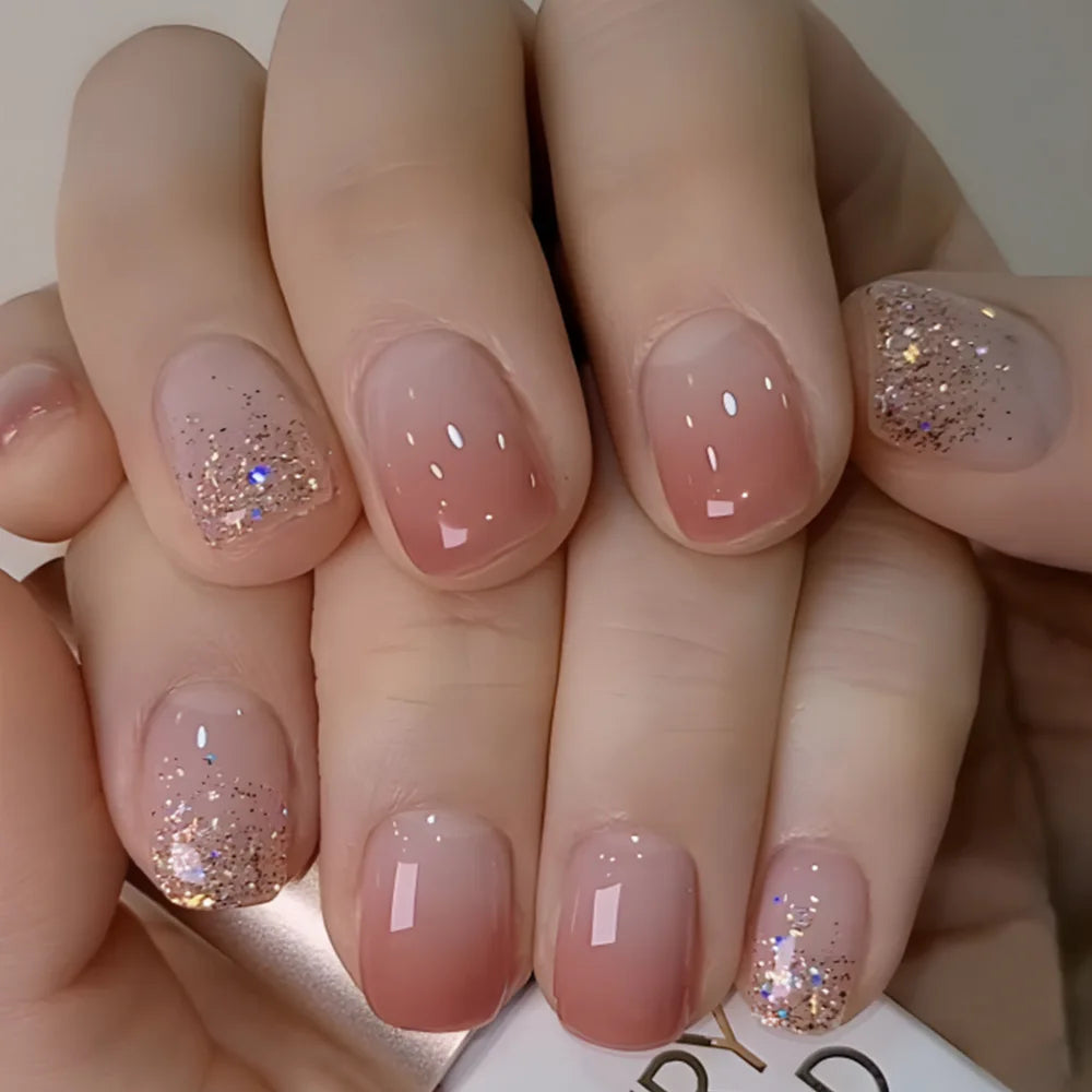 24pcs removeable false nails with glue Gradient Shinny brown coffin glitter Ballet press on nails long full cover fake nails tip