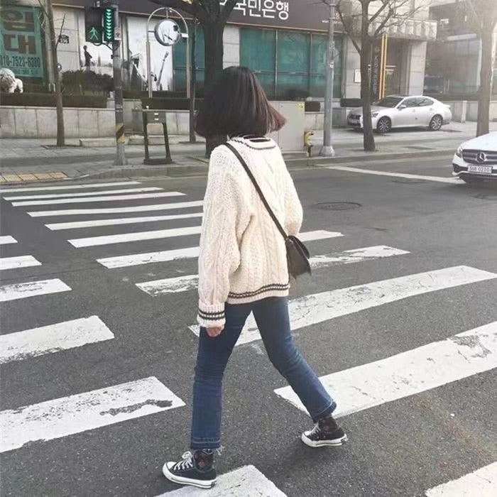 Beige Star Cute College Single Breasted Sweater Women 2022 Autumn Korean Woman Sweaters Contrast Color V-neck Knitted Cardigan - - DYAVOR®