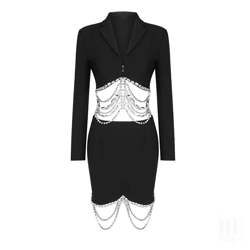 Lapel Collar Diamond-studded Chain Hollow Blazer Dress - - DYAVOR®