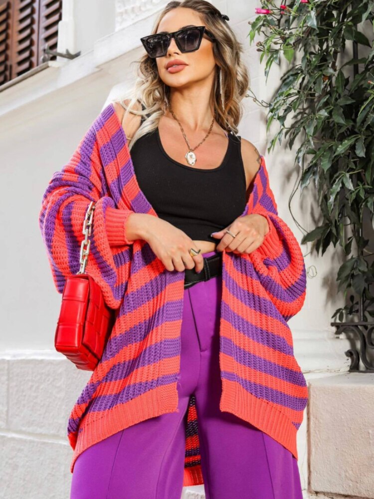 Autumn Winter New Striped Knitted Cardigan Women Loose Contrast Sweater Jacket Holiday Casual Wear Cardigan Oversized Cardigan - - DYAVOR®