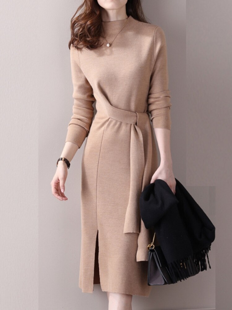 Half-necked Knitted Dress Women's Autumn Winter New Strap Temperament Split Base Sweater Skirt Dress for Women Sweaters Pullover - - DYAVOR®