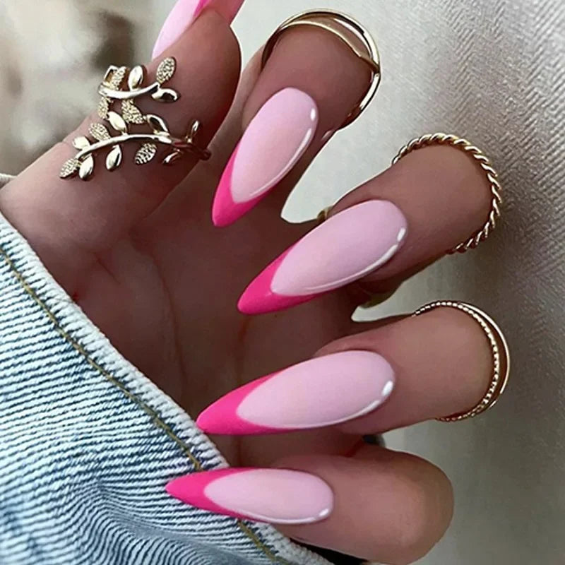24Pcs Extra Long Stiletto False Nails Pointy French Fake Nails Glitter Detachable Almond Press on Nails Full Cover Nail Tips - - DYAVOR®