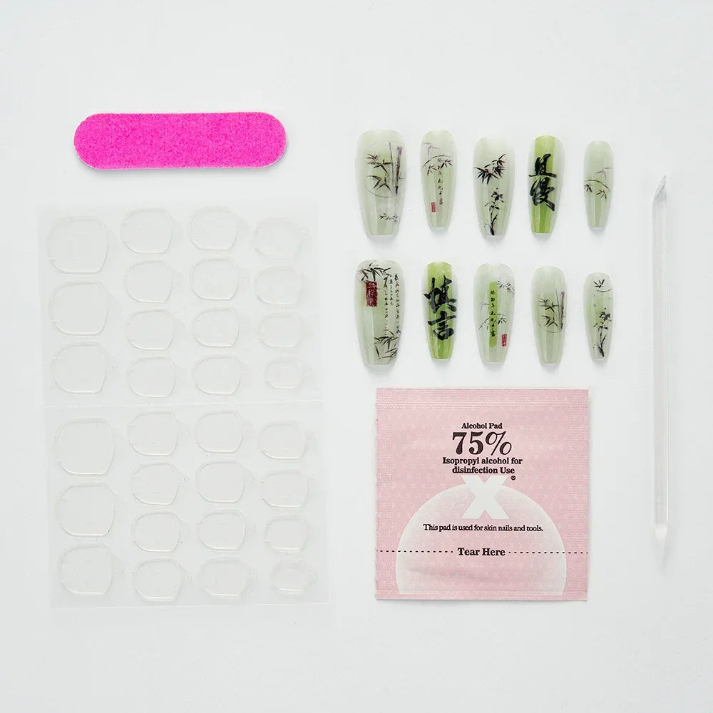 10PCS Handmade Finished Fake Nail Press on Bamboo Poetry Chinese False Nails with Glue Decorated Nails Art Stick on Nails -  - DYAVOR®