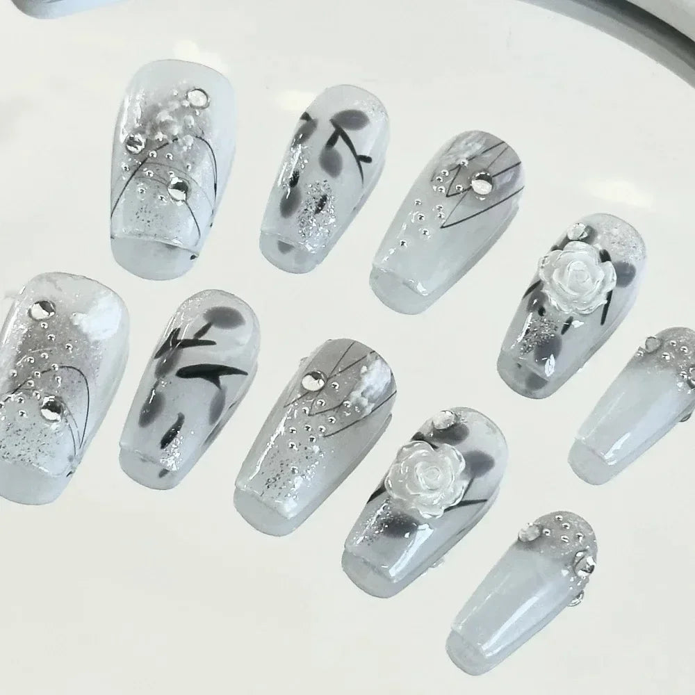 10PCS Handmade Finished Fake Nail Press on Bamboo Poetry Chinese False Nails with Glue Decorated Nails Art Stick on Nails - - DYAVOR®