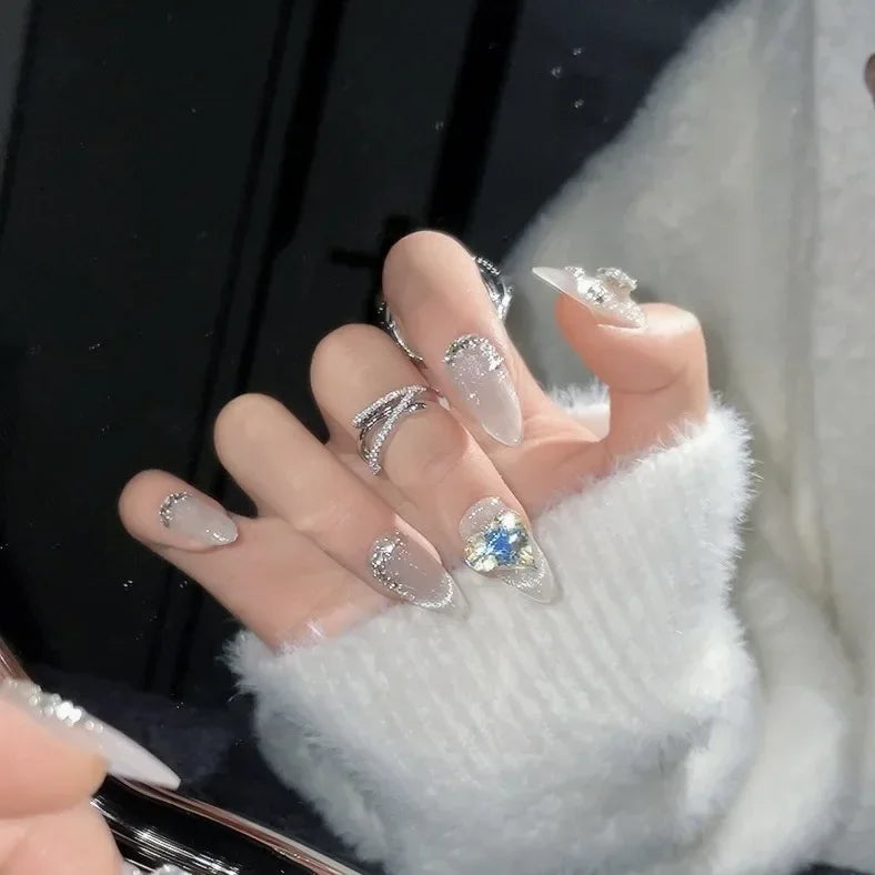 10pcs almond cat eyes handmade short press on nails full cover ballet stick on nails w designs diamond white acrylic nails tips - - DYAVOR®