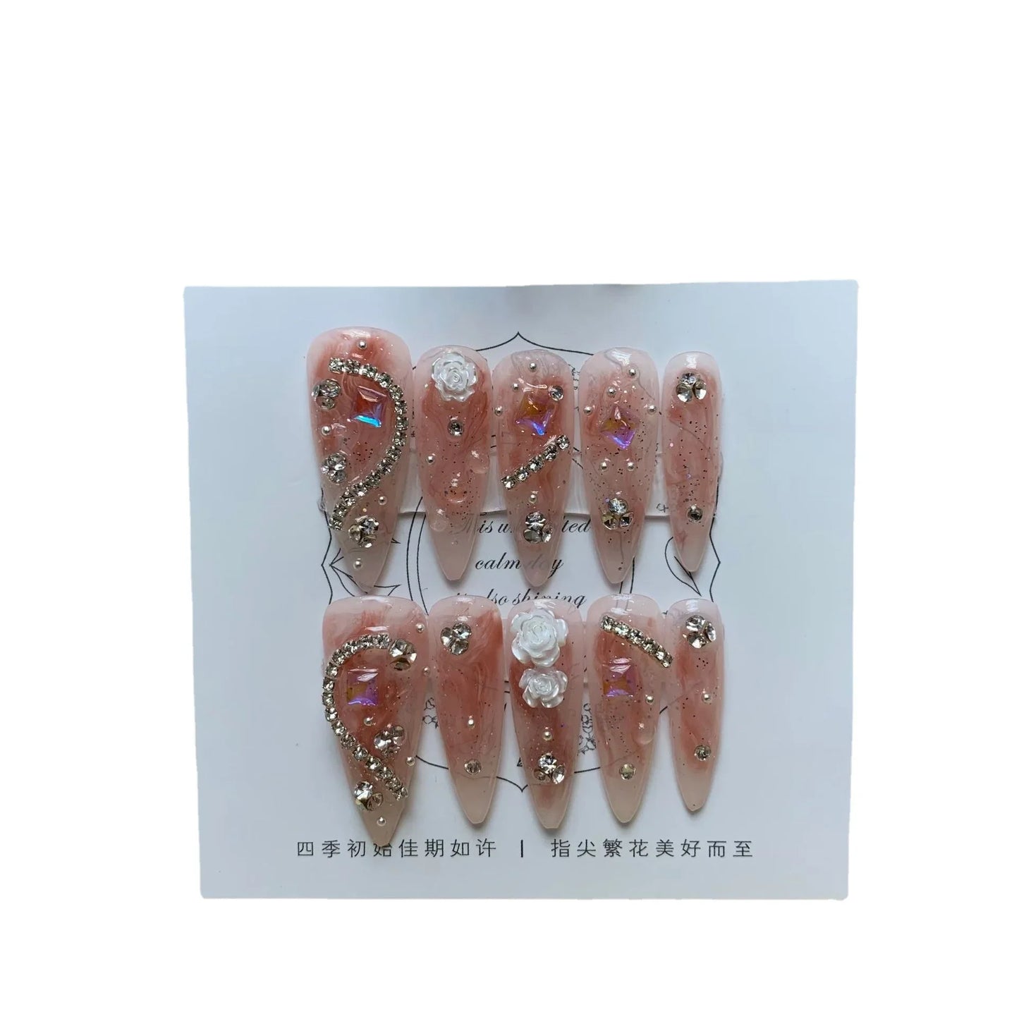 10Pcs Red Handmade Almond Press On Nails Ballerina Flower with Rhinestones Wearable False Nails Decoration Fake Nails Tips Art - - DYAVOR®