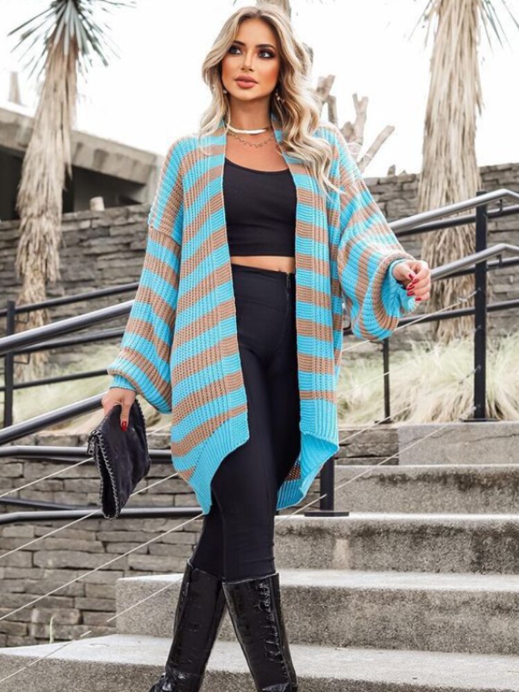 Autumn Winter New Striped Knitted Cardigan Women Loose Contrast Sweater Jacket Holiday Casual Wear Cardigan Oversized Cardigan - - DYAVOR®