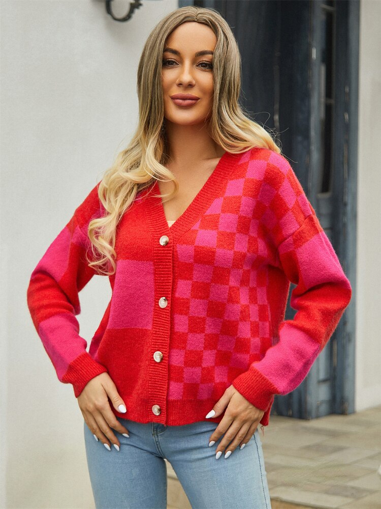 Fashion Women Sweaters 2023 AutumnWinter New Knitted Cardigan Woman Checkered Panel Ladies Sweater Streetwear Coat Tops Knitwear - - DYAVOR®