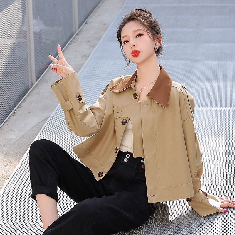 British style short windbreaker women's 2023 spring and autumn new single breasted fashionable loose contrast casual jacket - - DYAVOR®