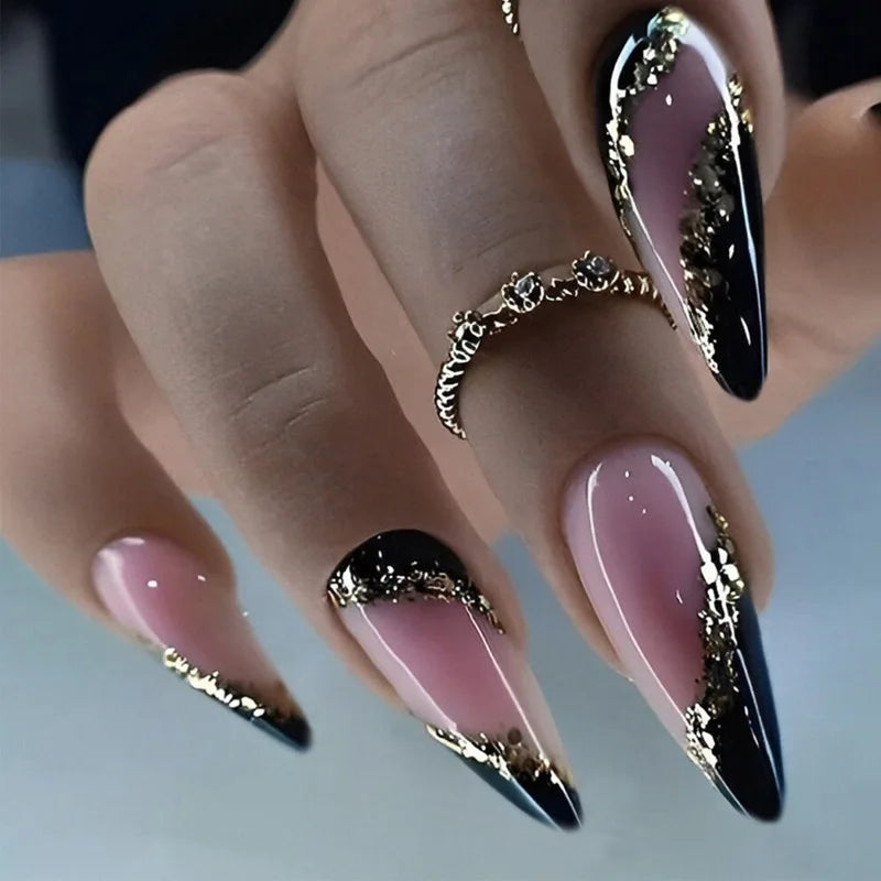 24Pcs Extra Long Stiletto False Nails Pointy French Fake Nails Glitter Detachable Almond Press on Nails Full Cover Nail Tips