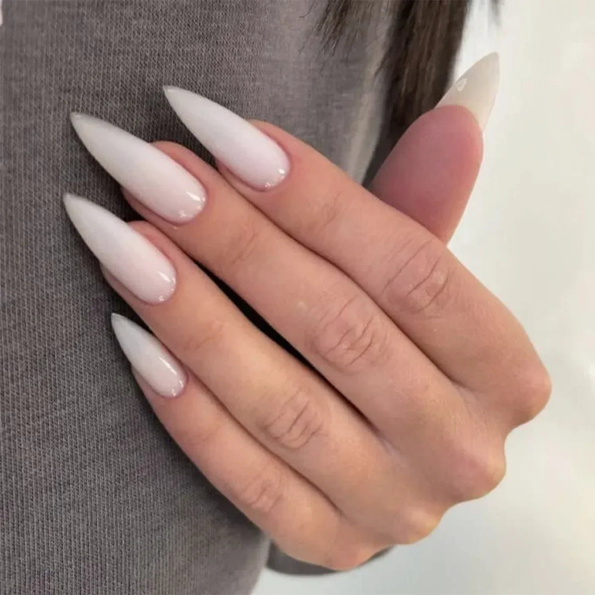 24Pcs White Aurora Almond False Nails Simple with French Design Wearable False Nails Glitter Full Cover Press on Nails Tips Art - - DYAVOR®