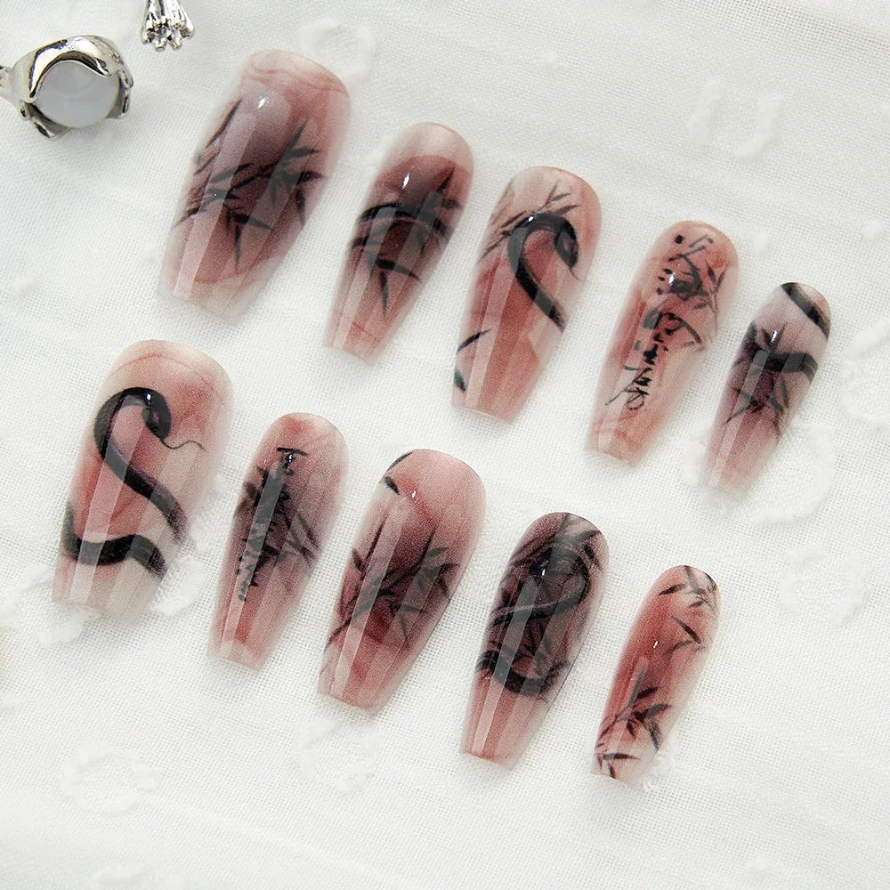 10PCS Handmade Finished Fake Nail Press on Bamboo Poetry Chinese False Nails with Glue Decorated Nails Art Stick on Nails - - DYAVOR®