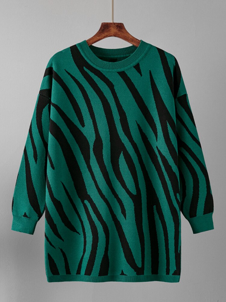 Fashion Woman Blouse 2023 Sweater Autumn Winter New Zebra Pattern Fashion Pullover Round Neck Long Sleeve Top Loose Knitwears - - DYAVOR®