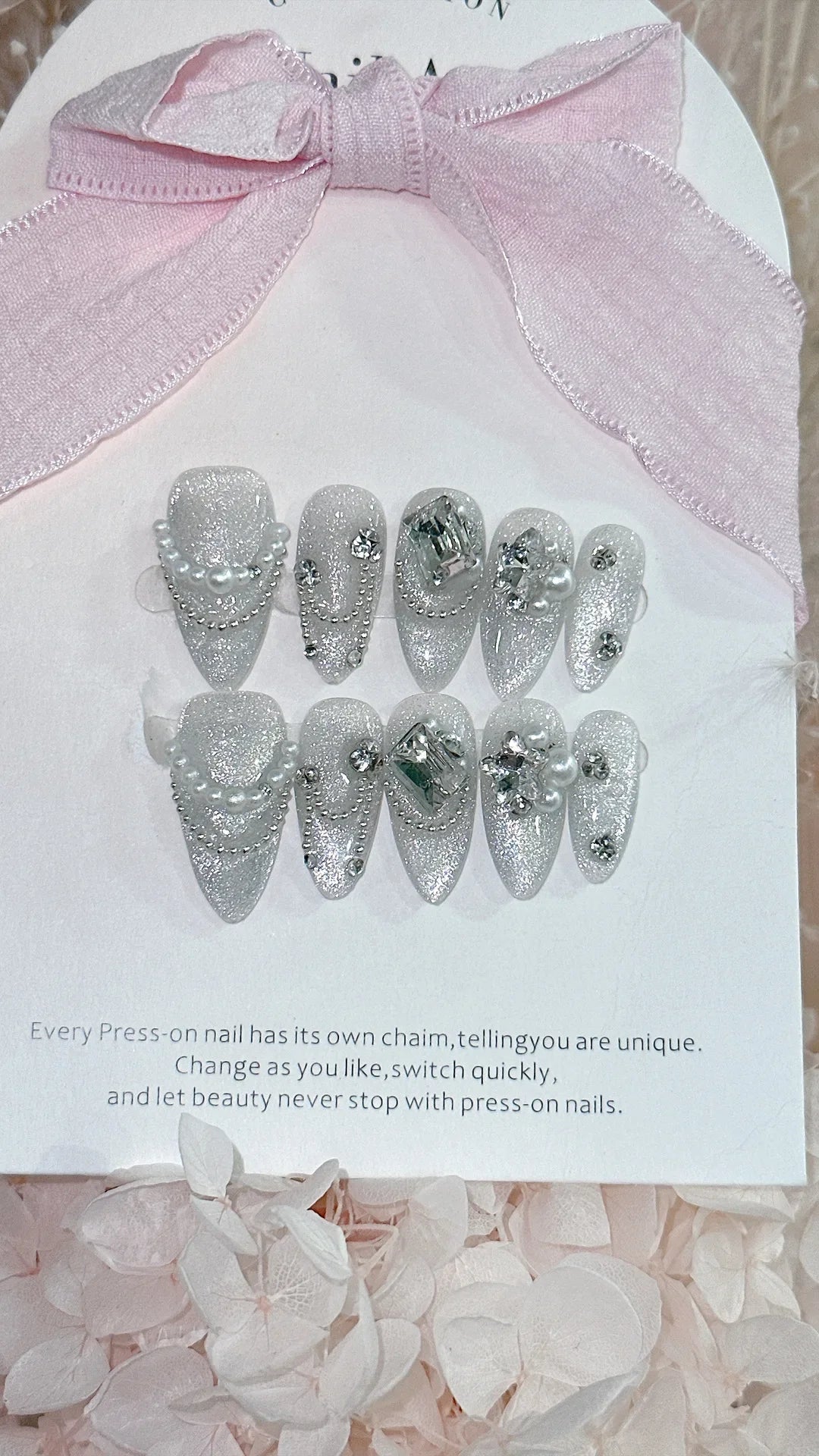 10pcs almond cat eyes handmade short press on nails full cover ballet stick on nails w designs diamond white acrylic nails tips -  - DYAVOR®